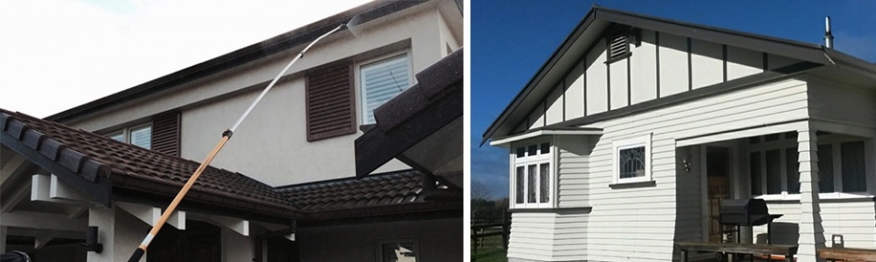 Photo of a house where Ewash is water blasting and photo of the house after cleaning.